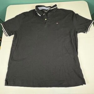 Tommy Hilfiger Men's 2XL Black Polo Shirt White Trim Short Sleeve Classic Fit